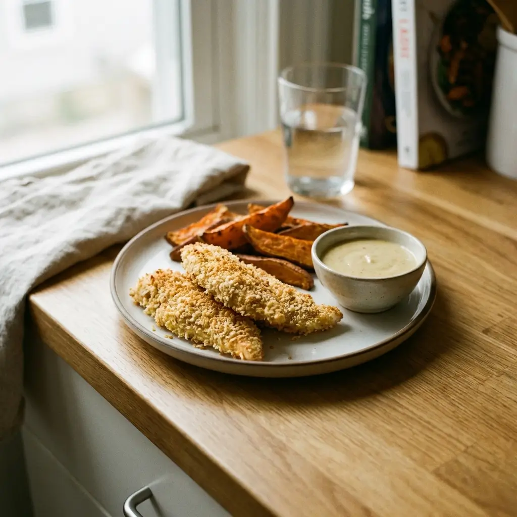 Baked Chicken Strips with Sweet Potato Wedges